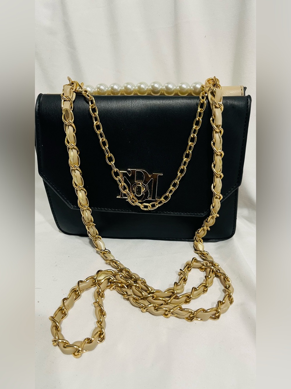 Badgley Mischka Black Leather Crossbody with Pearl Handle & Gold Chain